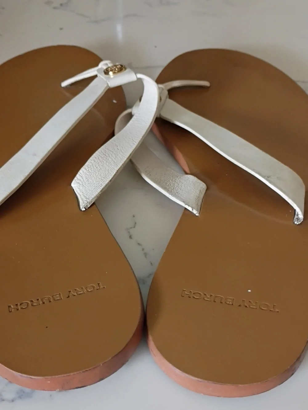 Tory Burch White Leather Thong Sandals with Gold Accent - Women